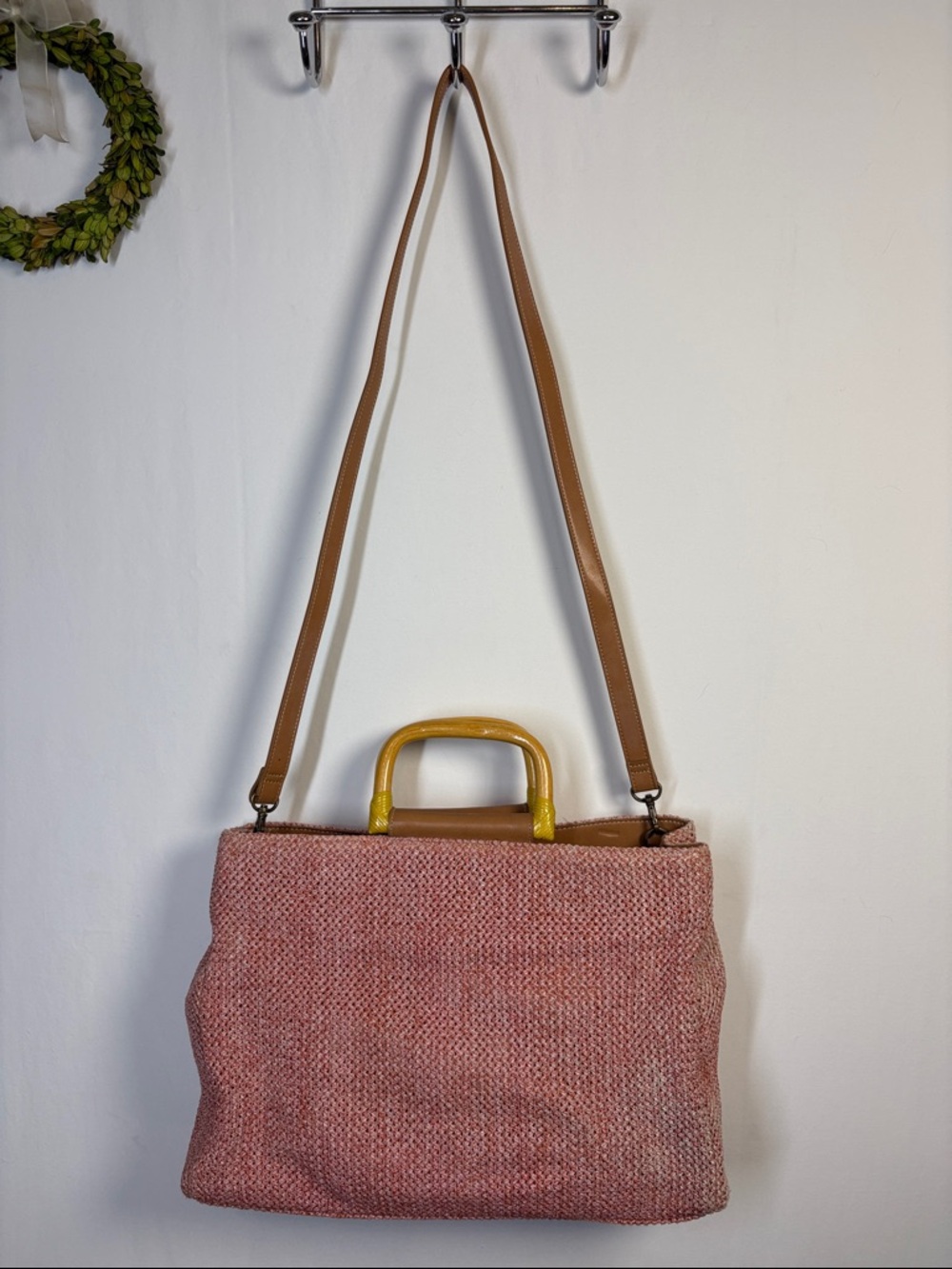 FOSSILCoral Pink Woven Bamboo Top Handle Shoulder Bag 75082 Purse - Picture 2 of 8